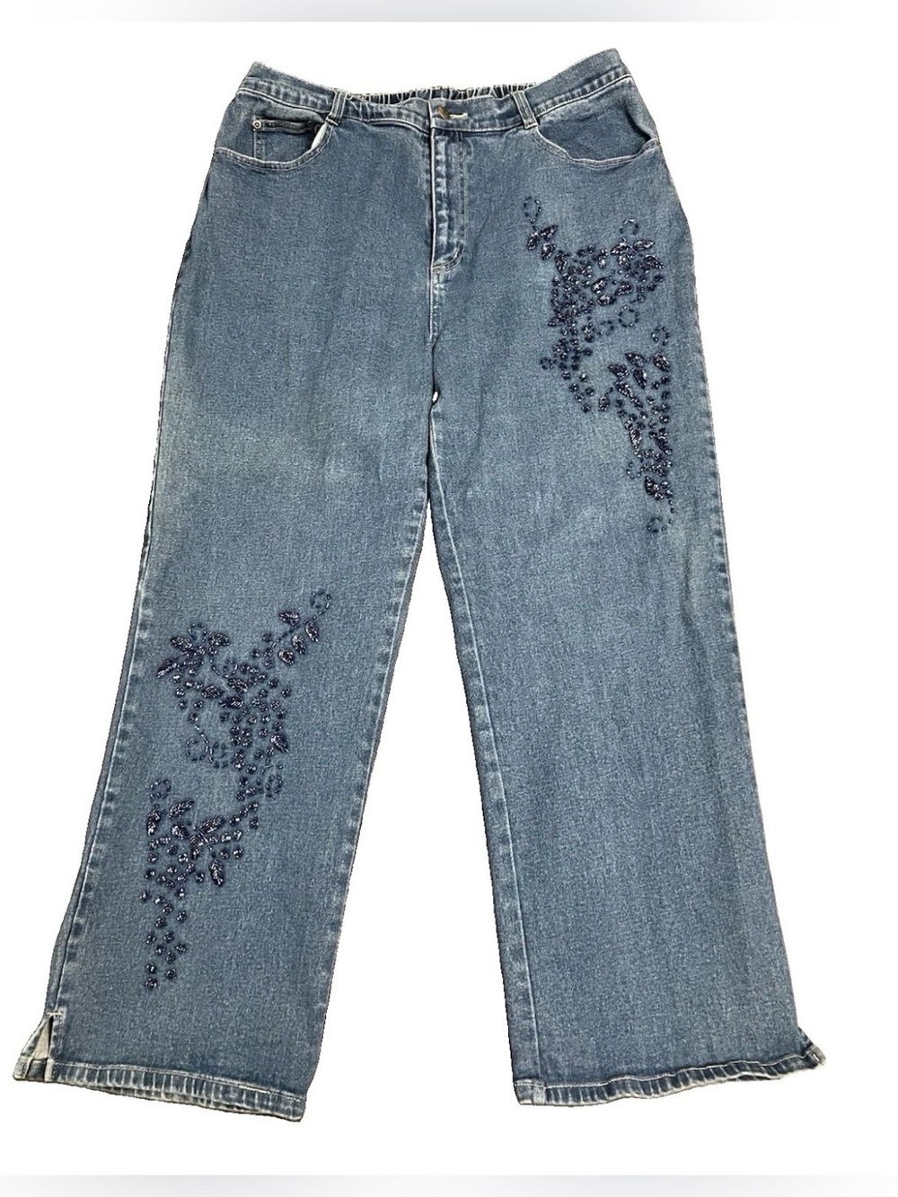 Quacker Factory 1X Petite Beaded Blue Denim Jeans Wide Leg Side Slit